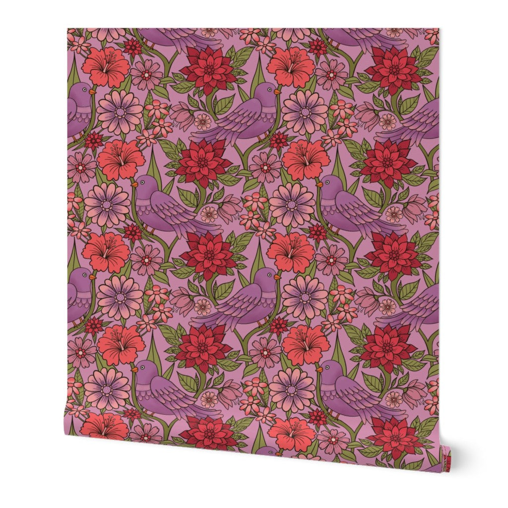 Purple bird and floral wallpaper