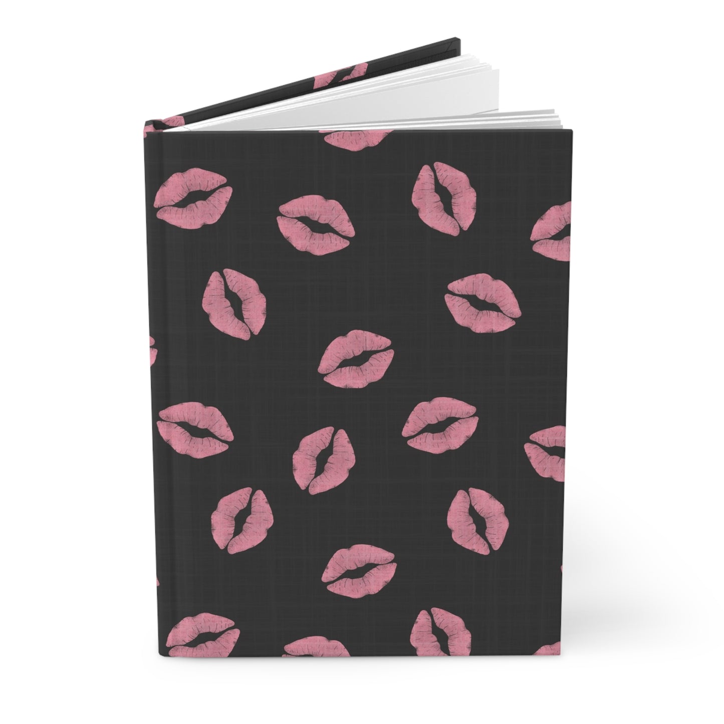 Pink Kiss Pattern Hardcover Journal — Matte Black Lip Print Notebook
