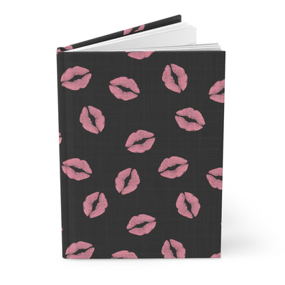 Pink Kiss Pattern Hardcover Journal — Matte Black Lip Print Notebook
