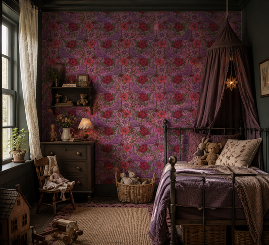 Purple bird and floral wallpaper