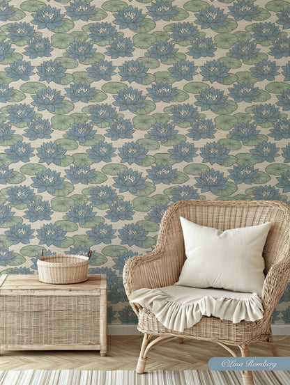 Muted Scandinavian Water Lilies - Maritime Nature Floral in Sage Blue