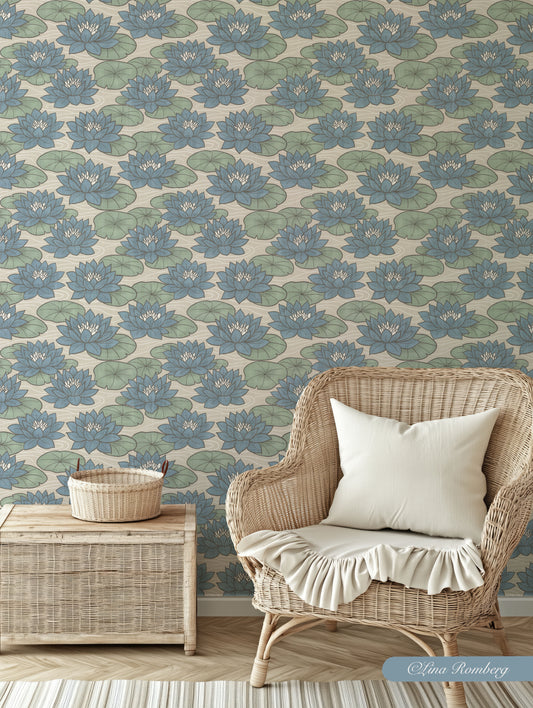 Muted Scandinavian Water Lilies - Maritime Nature Floral in Sage Blue