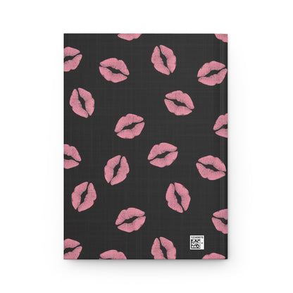 Pink Kiss Pattern Hardcover Journal — Matte Black Lip Print Notebook