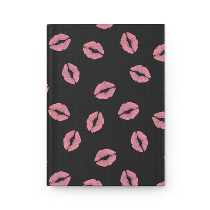 Pink Kiss Pattern Hardcover Journal — Matte Black Lip Print Notebook