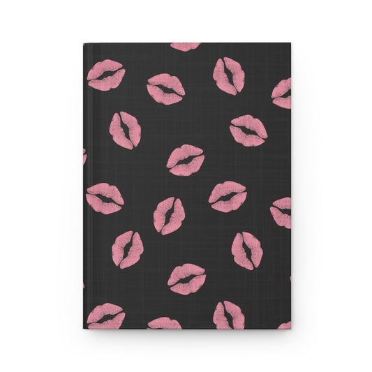 Pink Kiss Pattern Hardcover Journal — Matte Black Lip Print Notebook
