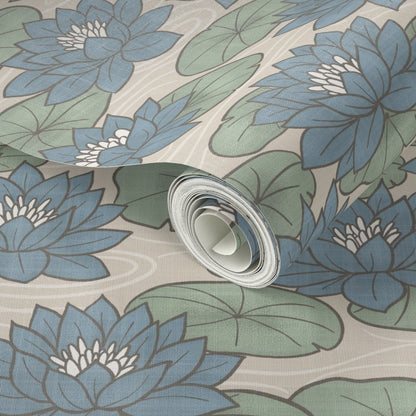 Muted Scandinavian Water Lilies - Maritime Nature Floral in Sage Blue