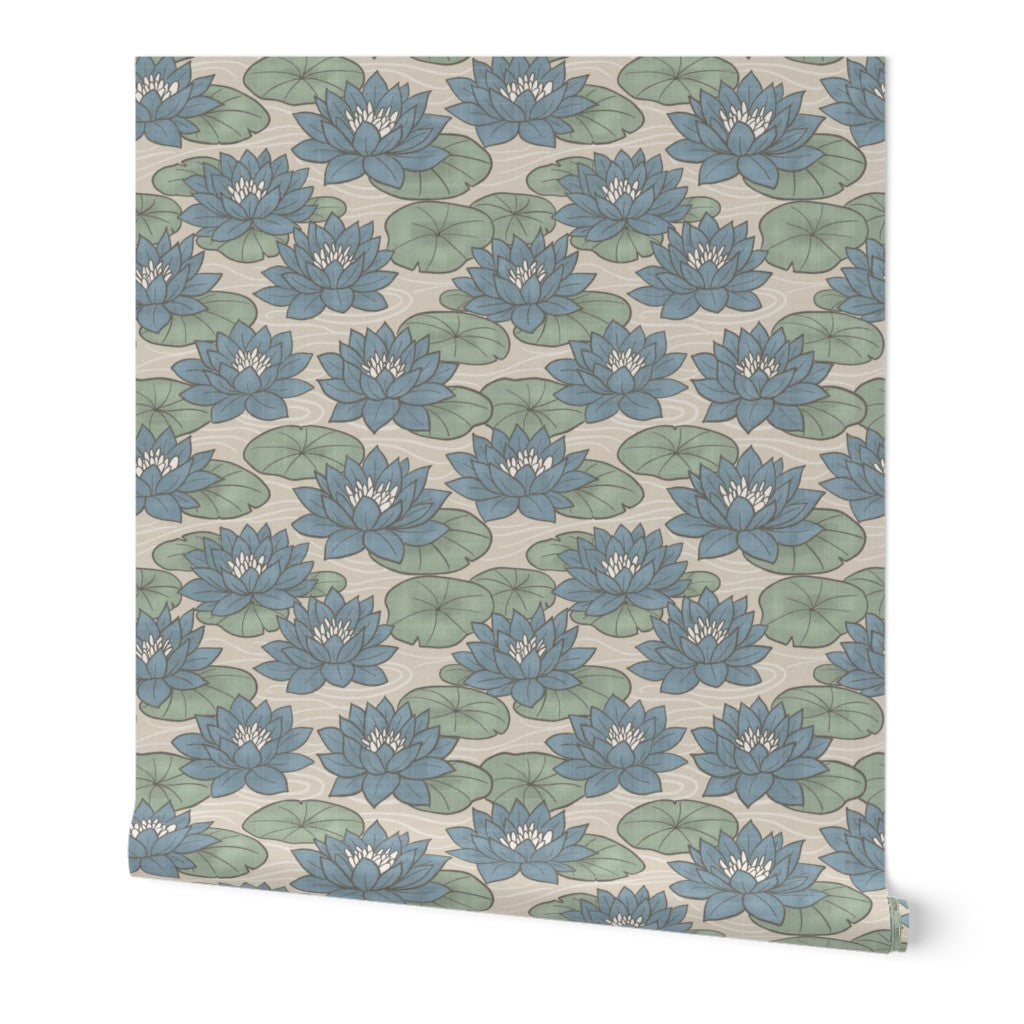 Muted Scandinavian Water Lilies - Maritime Nature Floral in Sage Blue