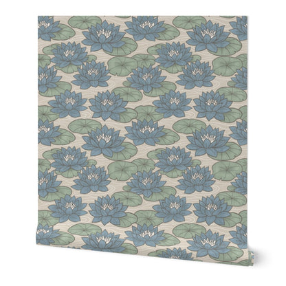 Muted Scandinavian Water Lilies - Maritime Nature Floral in Sage Blue