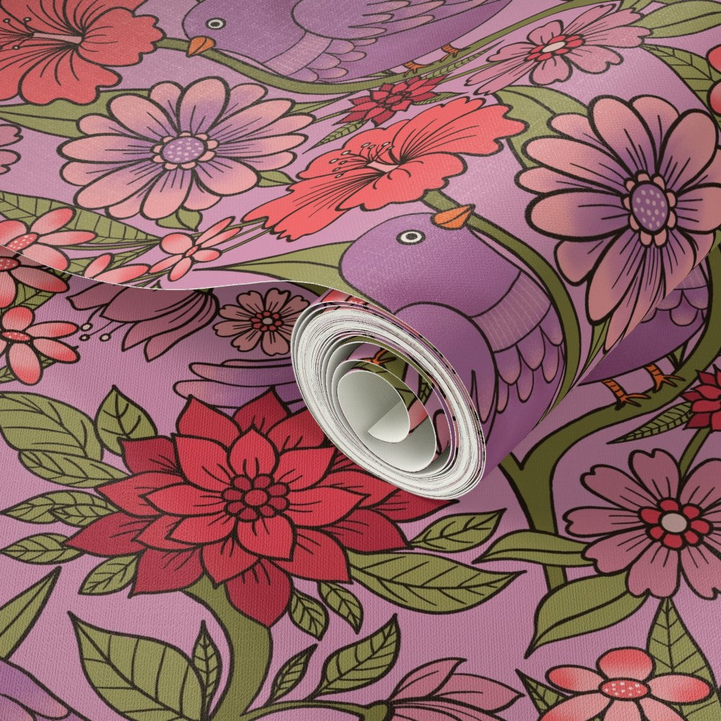 Purple bird and floral wallpaper
