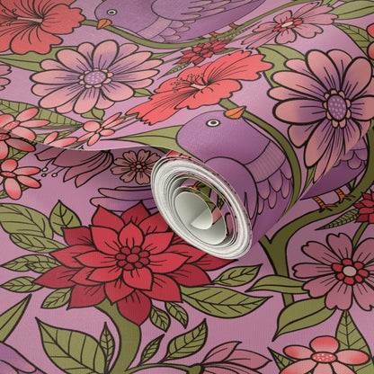 Purple bird and floral wallpaper