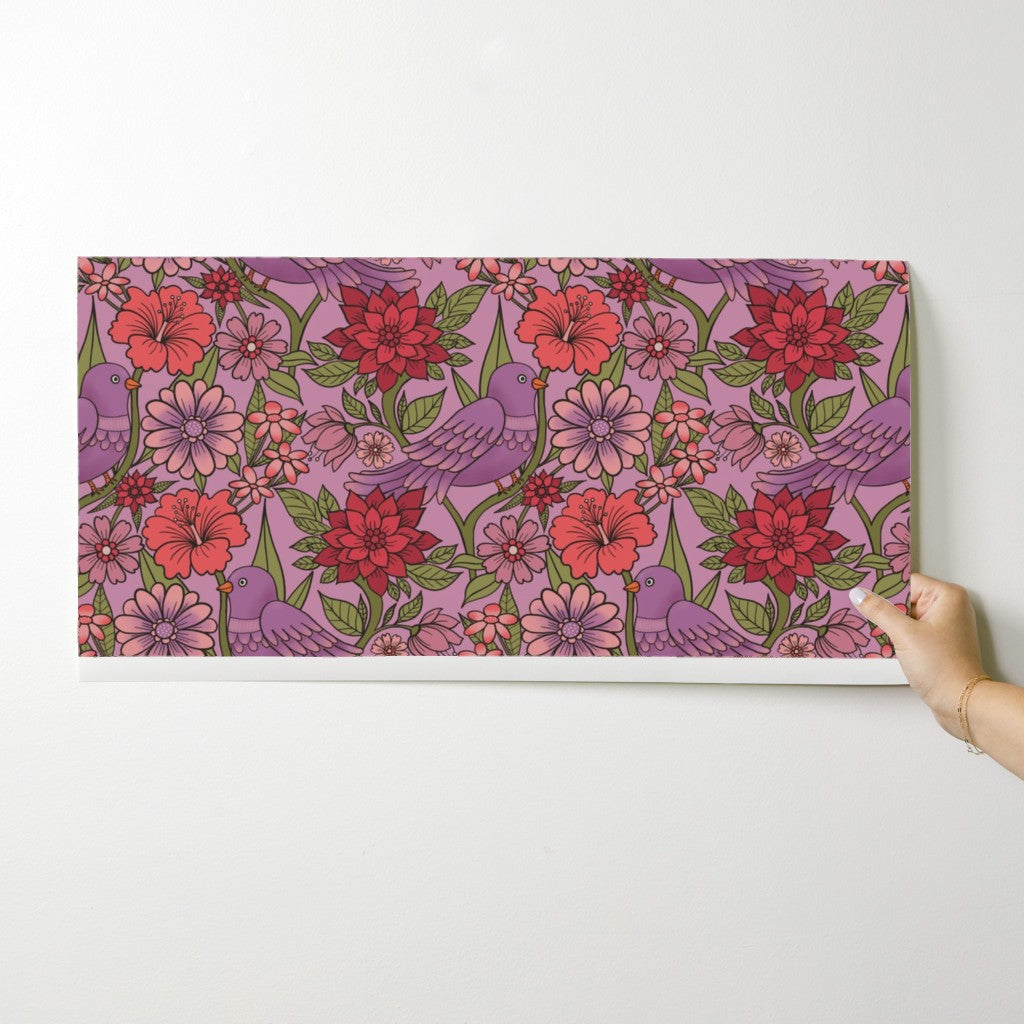 Purple bird and floral wallpaper